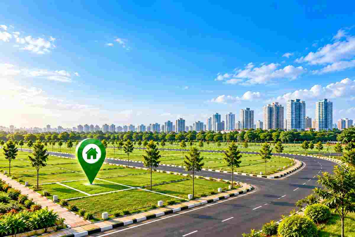 Planned residential plots with green spaces, roads, and a modern city skyline